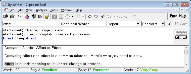 Confused Words Affect or Effect by Software for Writers